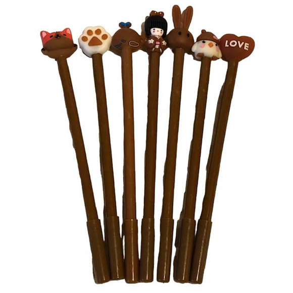 Brown 7 pc Black Gel Roller Ball Ink Pen Set (0.5mm tip) + Pouch - Picture 1 of 5